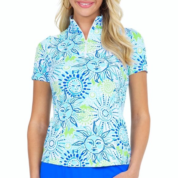 IBKUL Short Sleeve Zip Mock Neck Top in Sunny Day Seafoam Lime Size Small - Picture 1 of 10